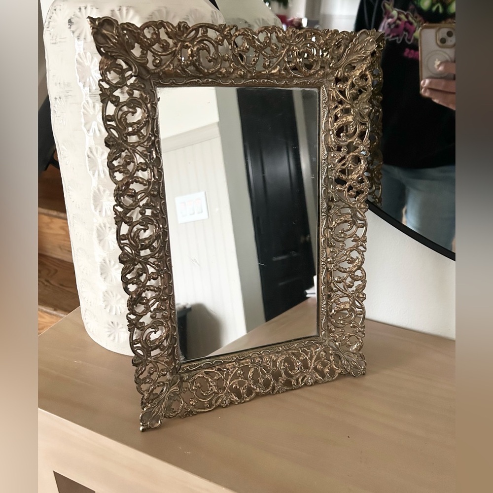Vintage Hollywood Regency Gold Ornate Metal Framed Mirror Wall or Tabletop 12x14
